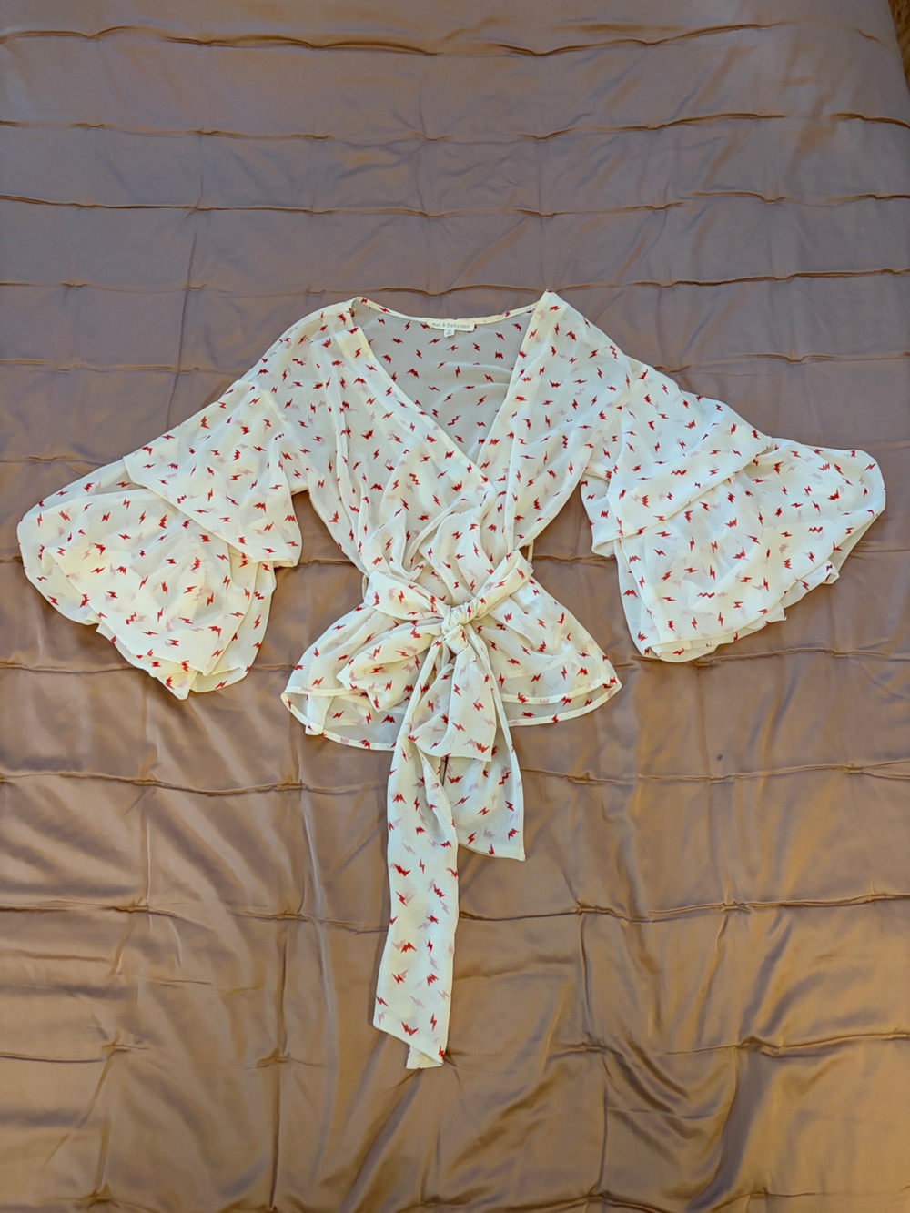Vintage White Tie Blouse with Red Lightning Print